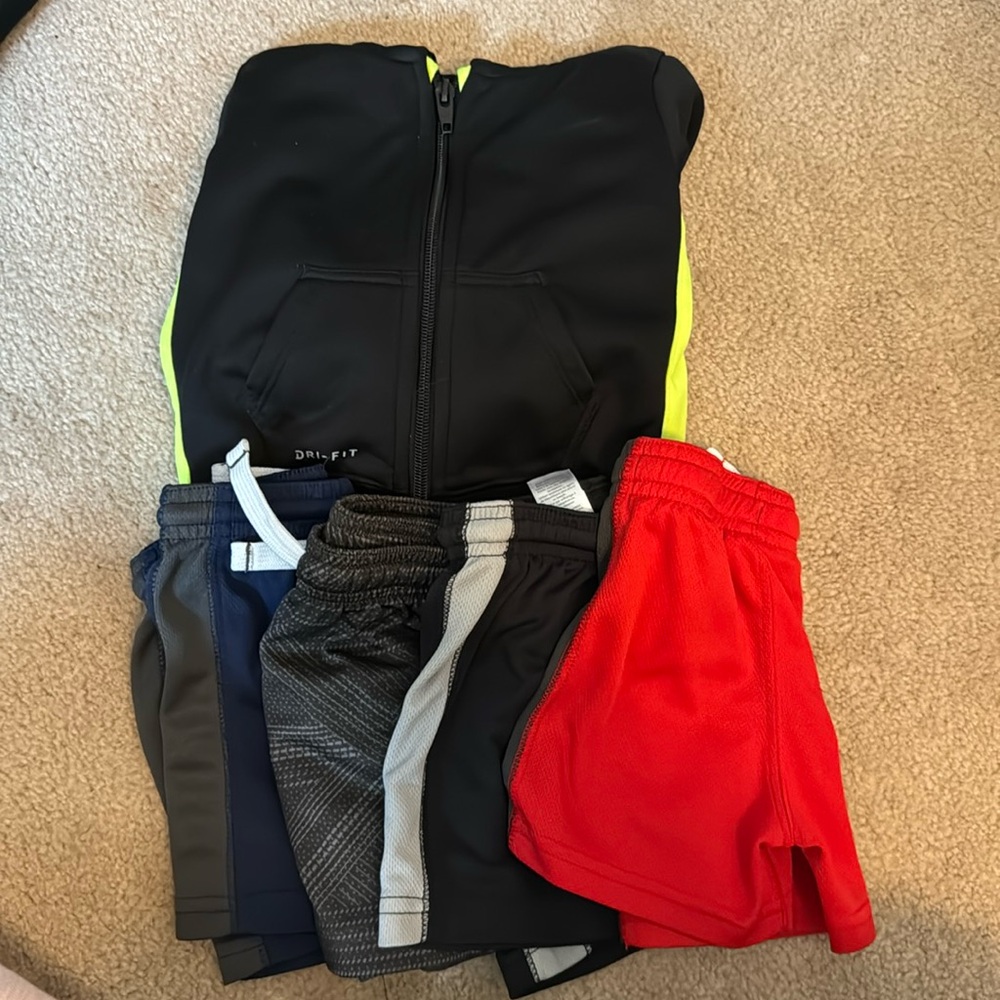 Four baby boy sport shorts carters and Nike dry fit zip up.